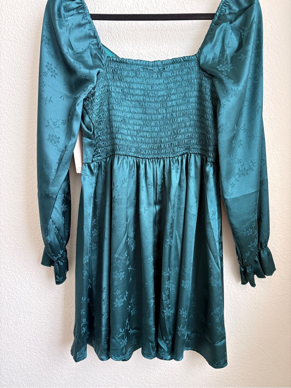 Long Sleeve Satin Dress - Emerald Green floral print - Picture 5 of 6